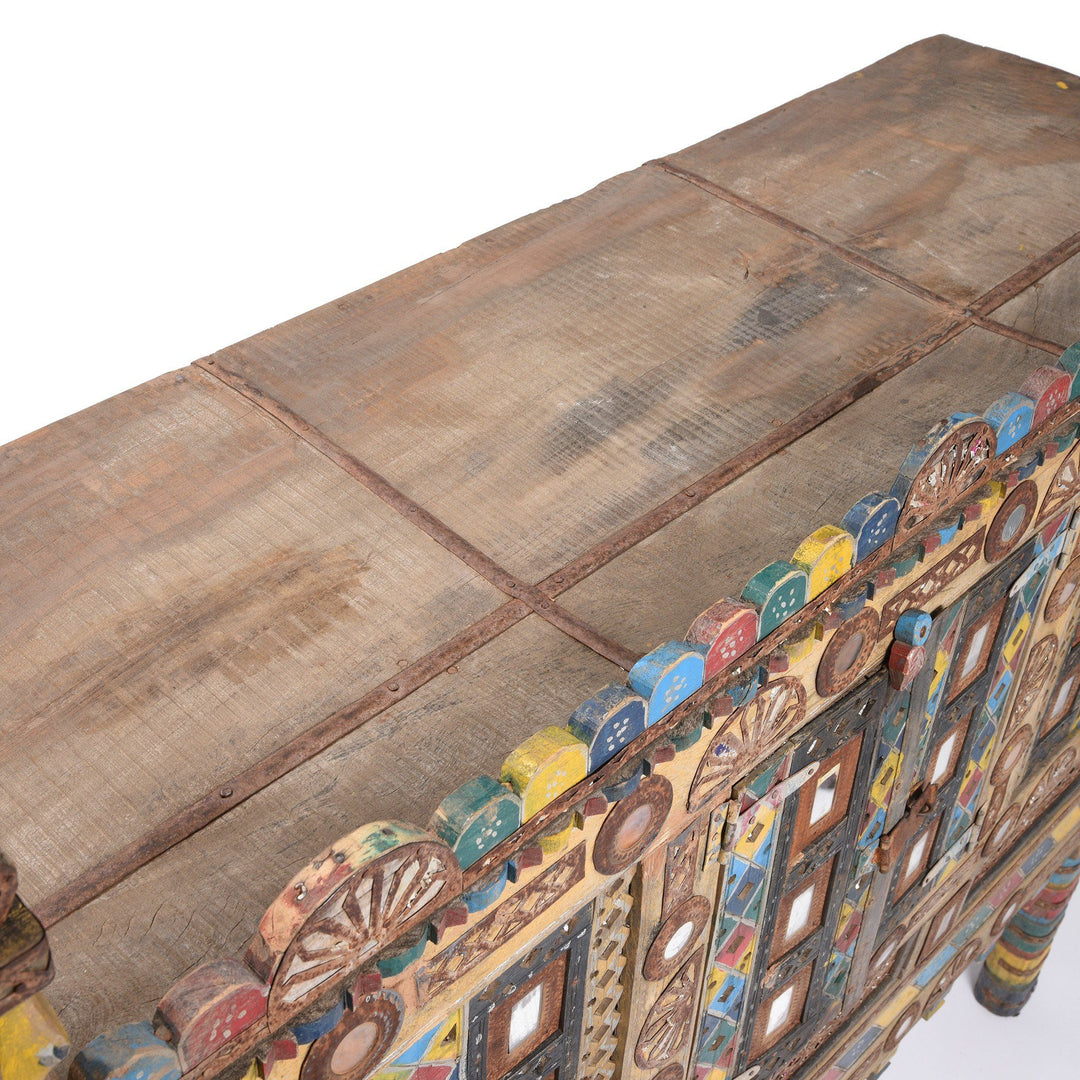 Top Detail Of Painted Teak Damchiya Dowry Chest With Mirrors From Kutch - Ca 1920 | Indigo Antiques