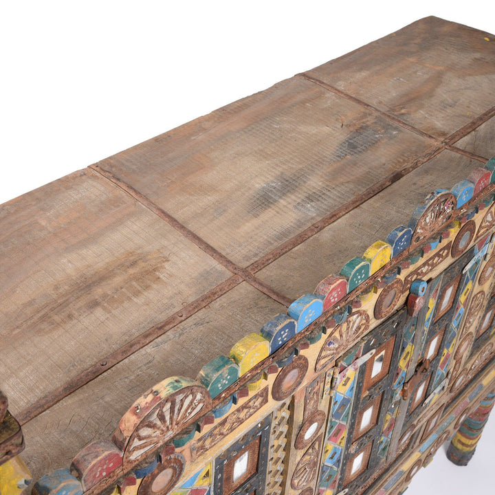 Top Detail Of Painted Teak Damchiya Dowry Chest With Mirrors From Kutch - Ca 1920 | Indigo Antiques