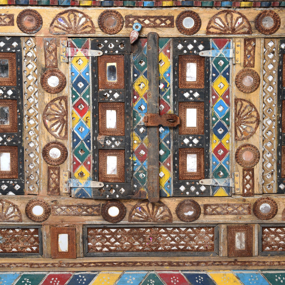 Mirrors Detail Of Painted Teak Damchiya Dowry Chest With Mirrors From Kutch - Ca 1920 | Indigo Antiques