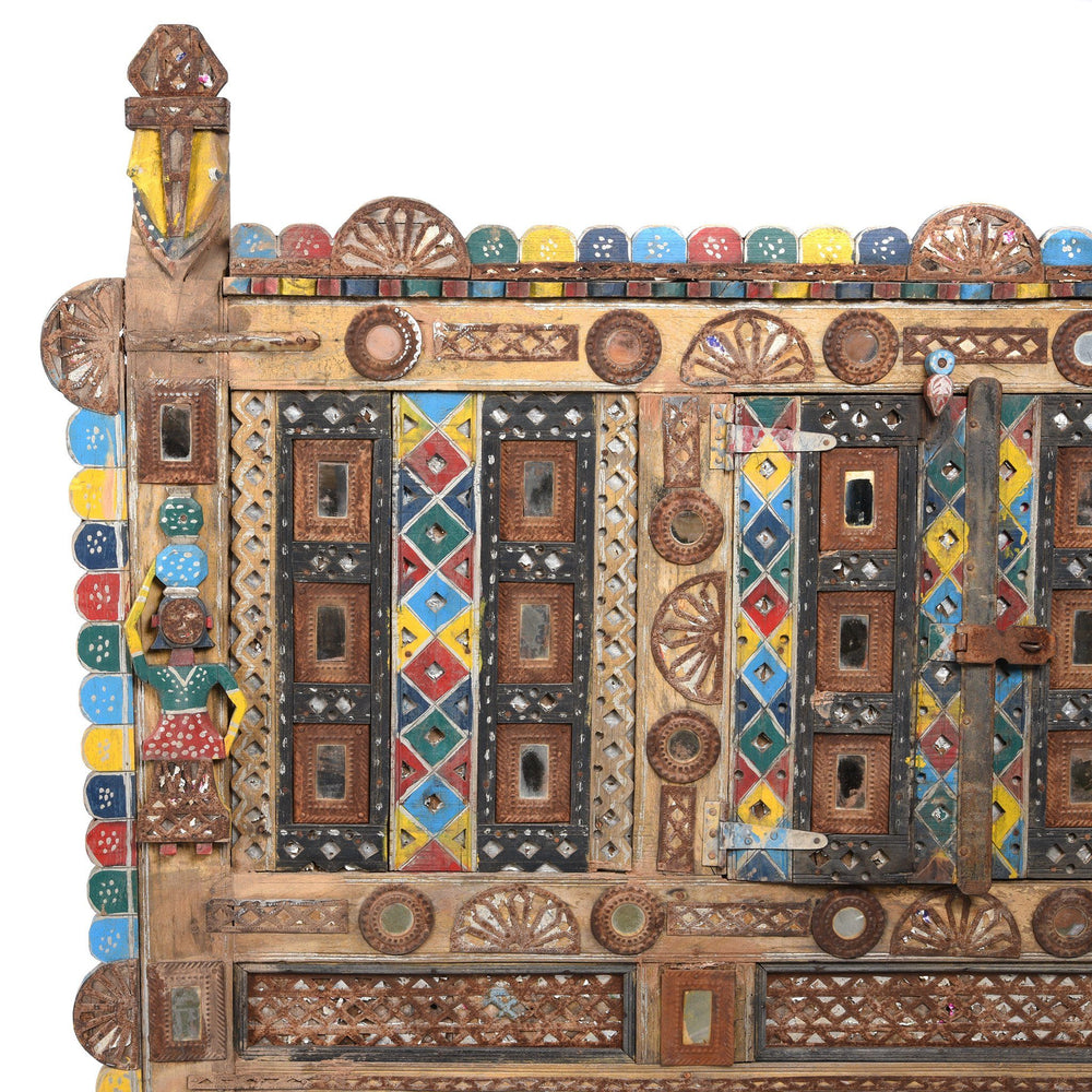 Detail Of Painted Teak Damchiya Dowry Chest With Mirrors From Kutch - Ca 1920 | Indigo Antiques