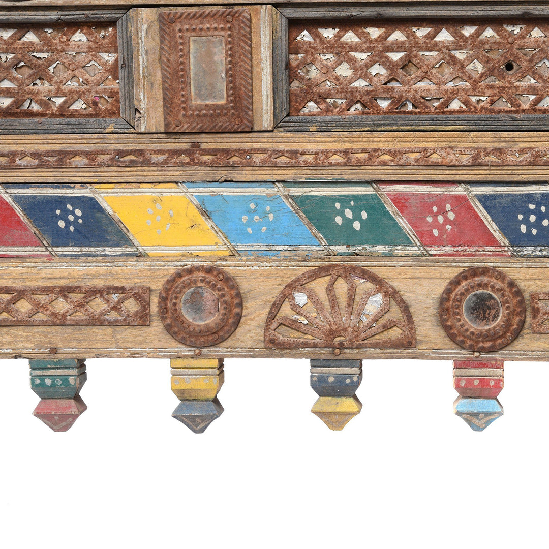 Decorative Detail Of Painted Teak Damchiya Dowry Chest With Mirrors From Kutch - Ca 1920 | Indigo Antiques