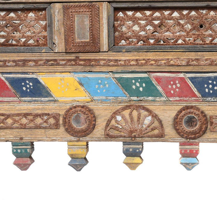 Decorative Detail Of Painted Teak Damchiya Dowry Chest With Mirrors From Kutch - Ca 1920 | Indigo Antiques
