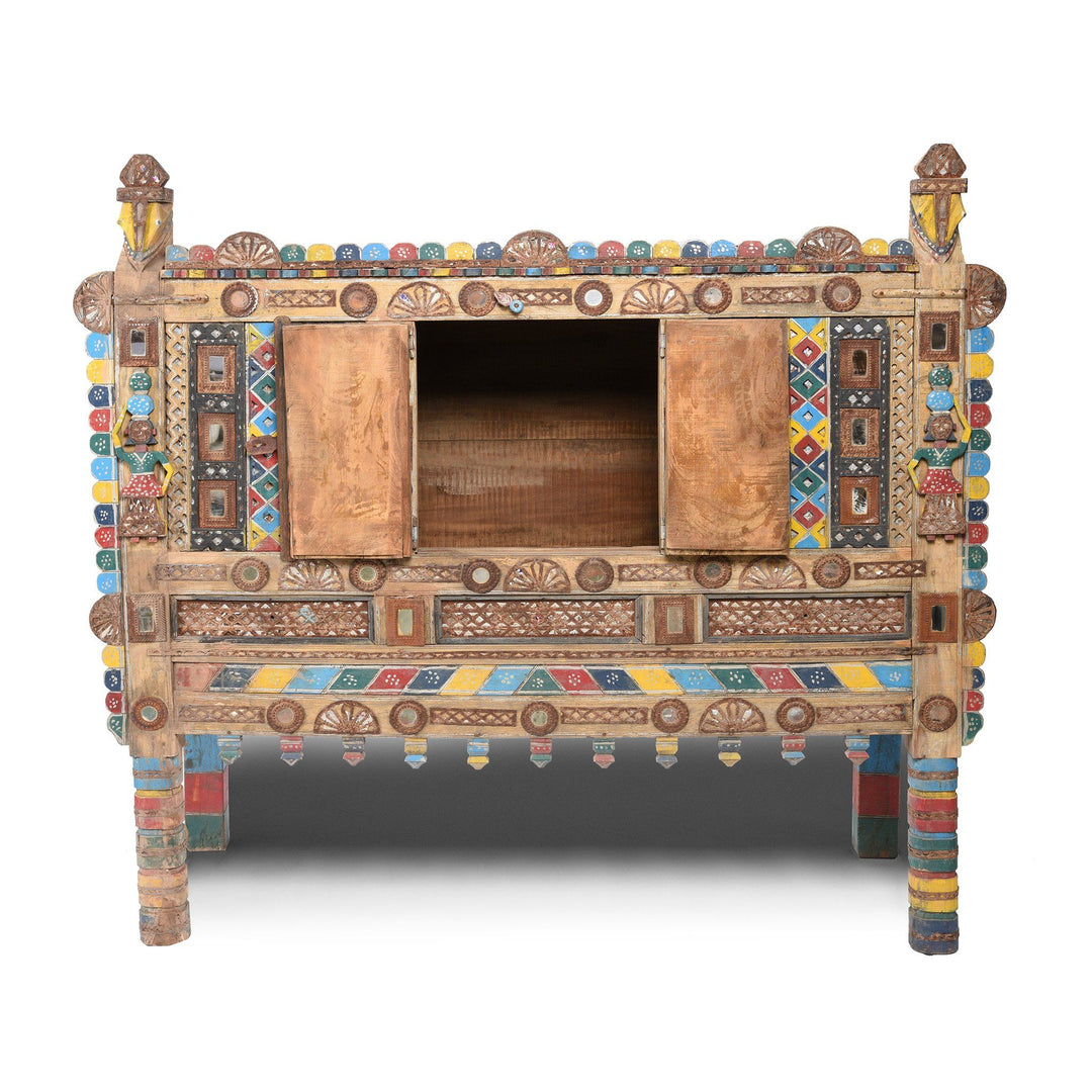 Painted Teak Damchiya Dowry Chest With Mirrors From Kutch - Ca 1920 | Indigo Antiques