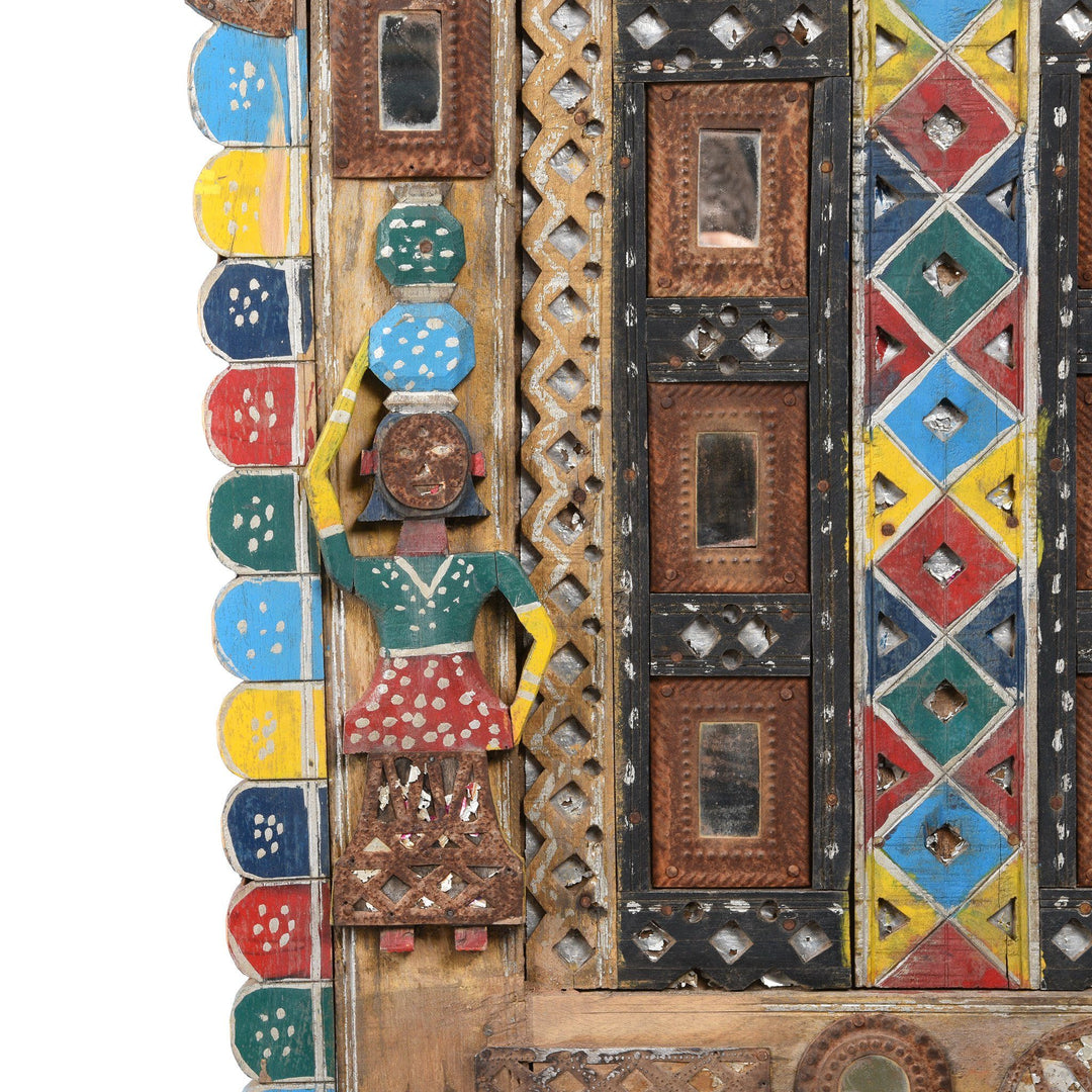Carved Figure Detail Of Painted Teak Damchiya Dowry Chest With Mirrors From Kutch - Ca 1920 | Indigo Antiques