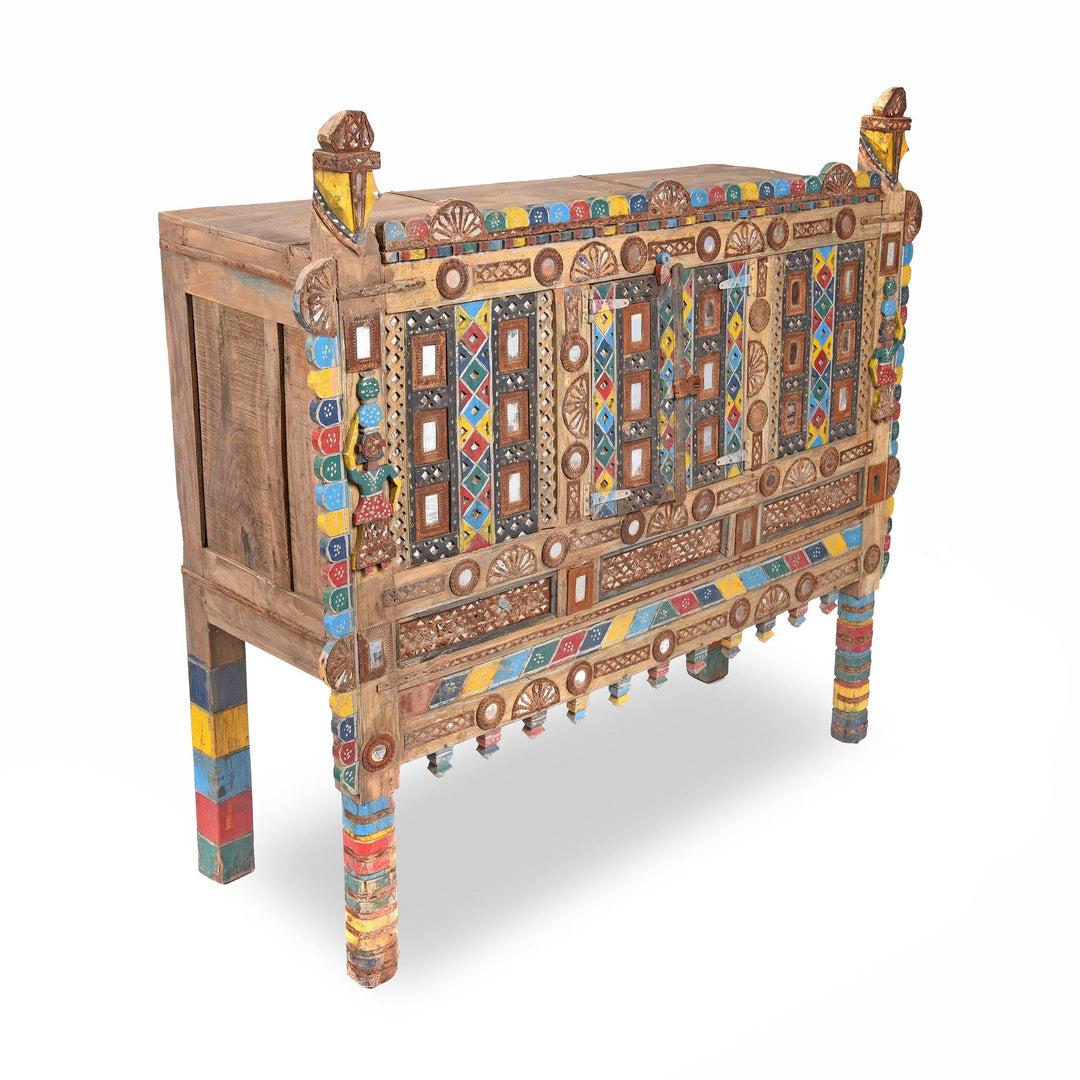 Side Of Painted Teak Damchiya Dowry Chest With Mirrors From Kutch - Ca 1920 | Indigo Antiques