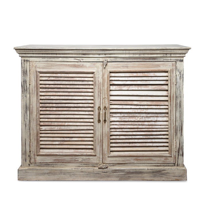 White Painted Indian Reclaimed Wood Louvred 2 Door Sideboard | Indigo Antiques
