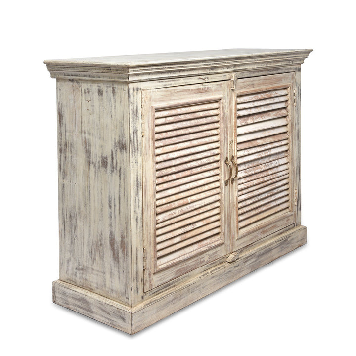 Side View of a White Painted Indian Reclaimed Wood Louvred 2 Door Sideboard | Indigo Antiques