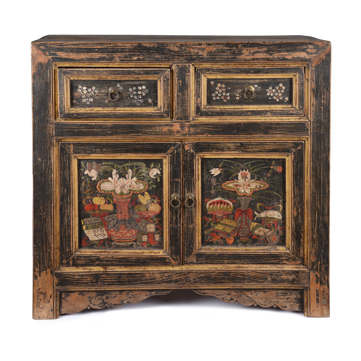 Antique Black Painted Mongolian Cabinet With Original Painting - 19thC | Indigo Antiques