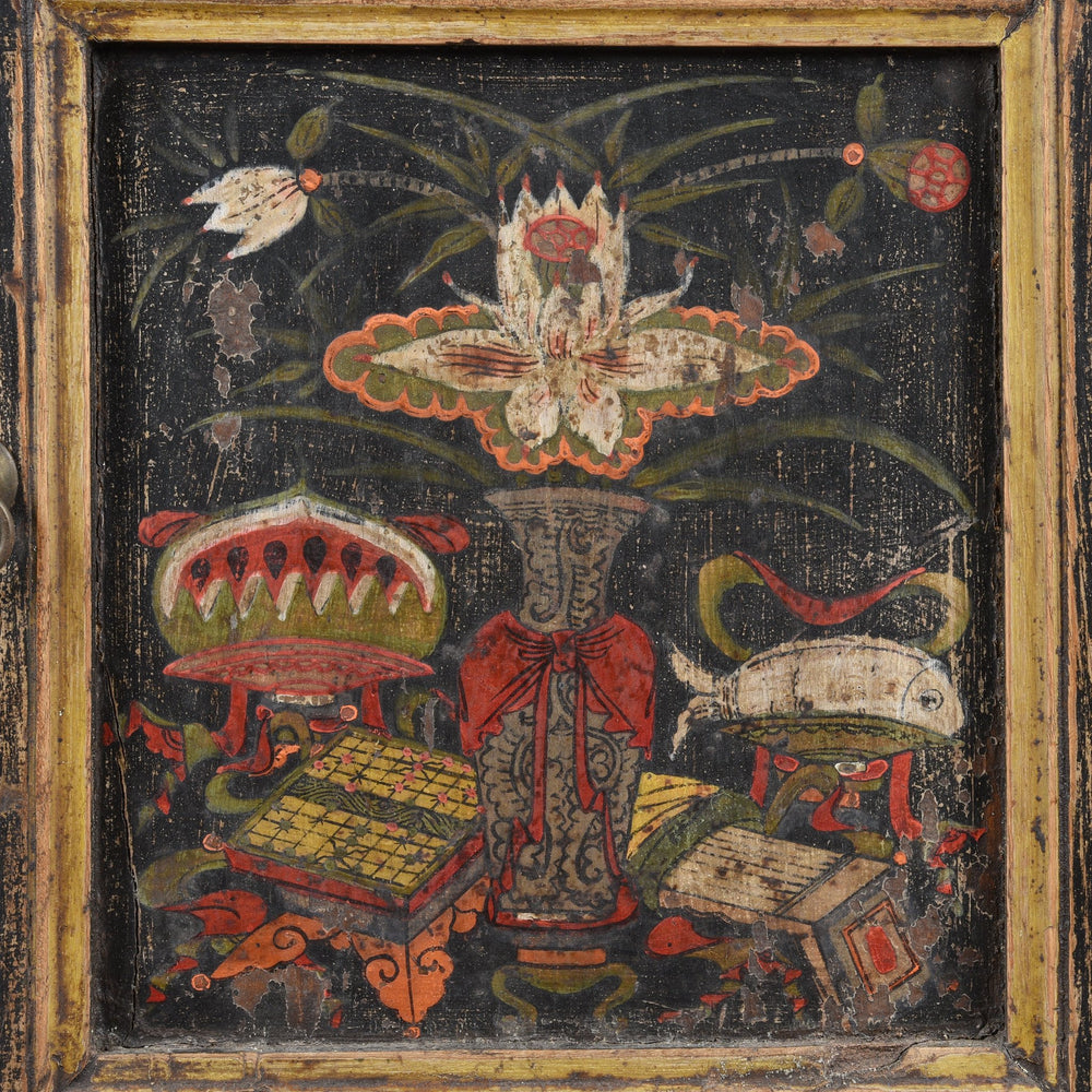 Detail of a vase from a Antique Black Painted Mongolian Cabinet With Original Painting - 19thC | Indigo Antiques