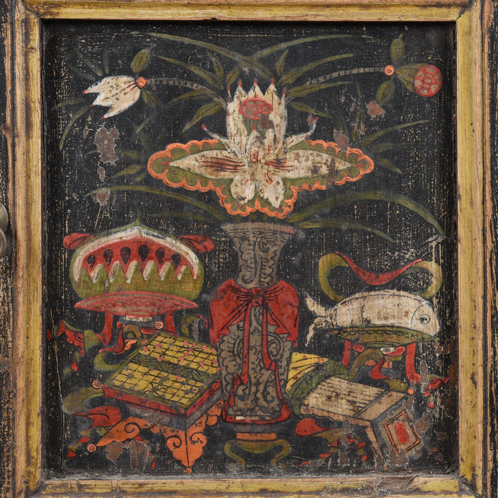 Detail of a vase from a Antique Black Painted Mongolian Cabinet With Original Painting - 19thC | Indigo Antiques