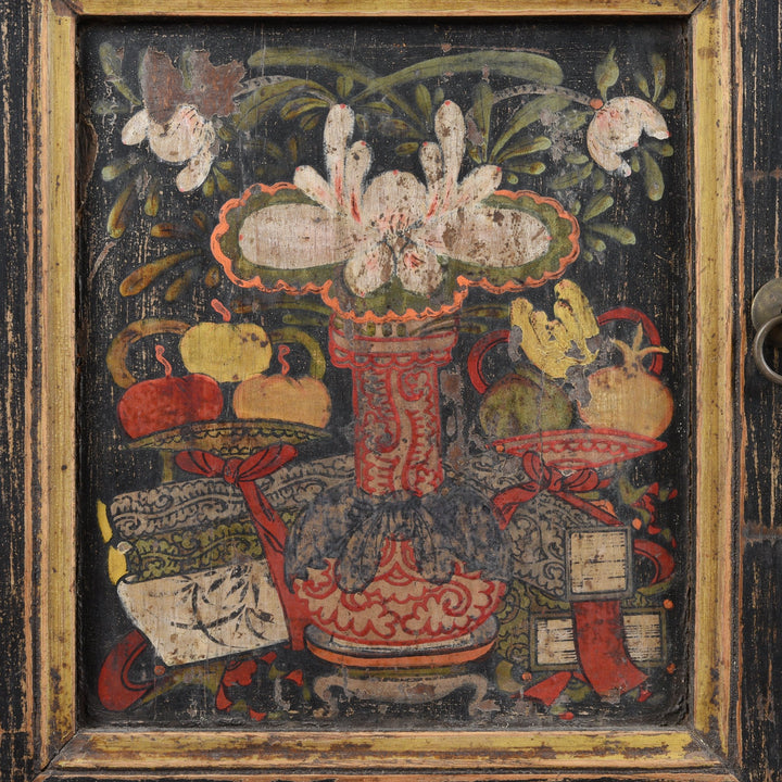 Detail of a vase from a Antique Black Painted Mongolian Cabinet With Original Painting - 19thC | Indigo Antiques
