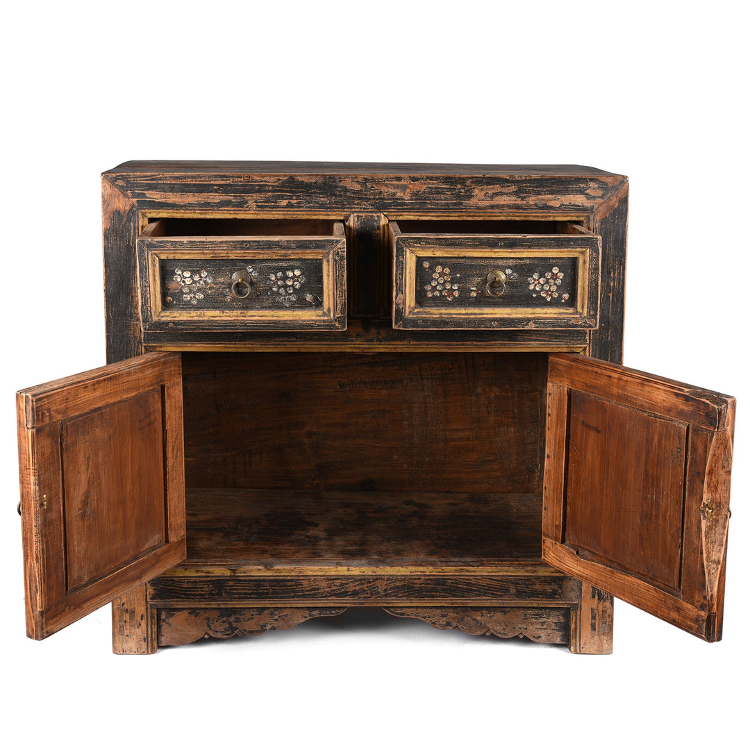 Open detail from a Antique Black Painted Mongolian Cabinet With Original Painting - 19thC | Indigo Antiques