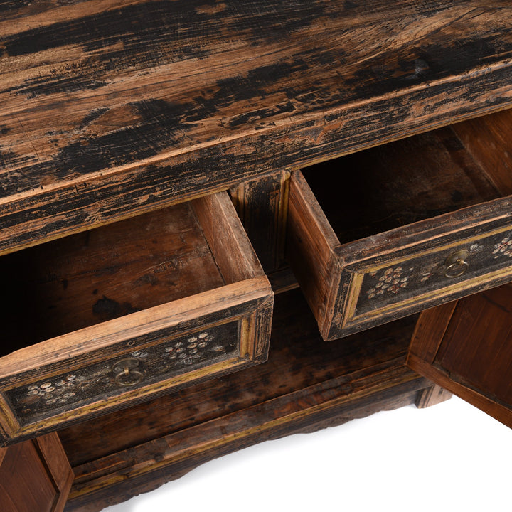 Open detail from a Antique Black Painted Mongolian Cabinet With Original Painting - 19thC | Indigo Antiques