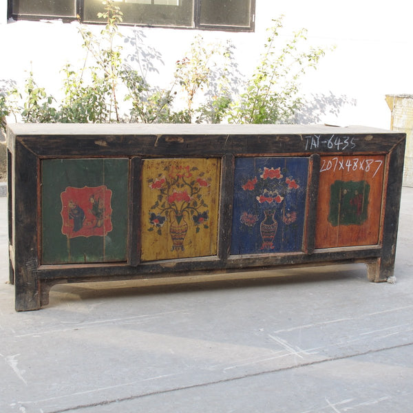 Painted 4 Door Long Sideboard From Mongolia - Ca 85 Yrs Old