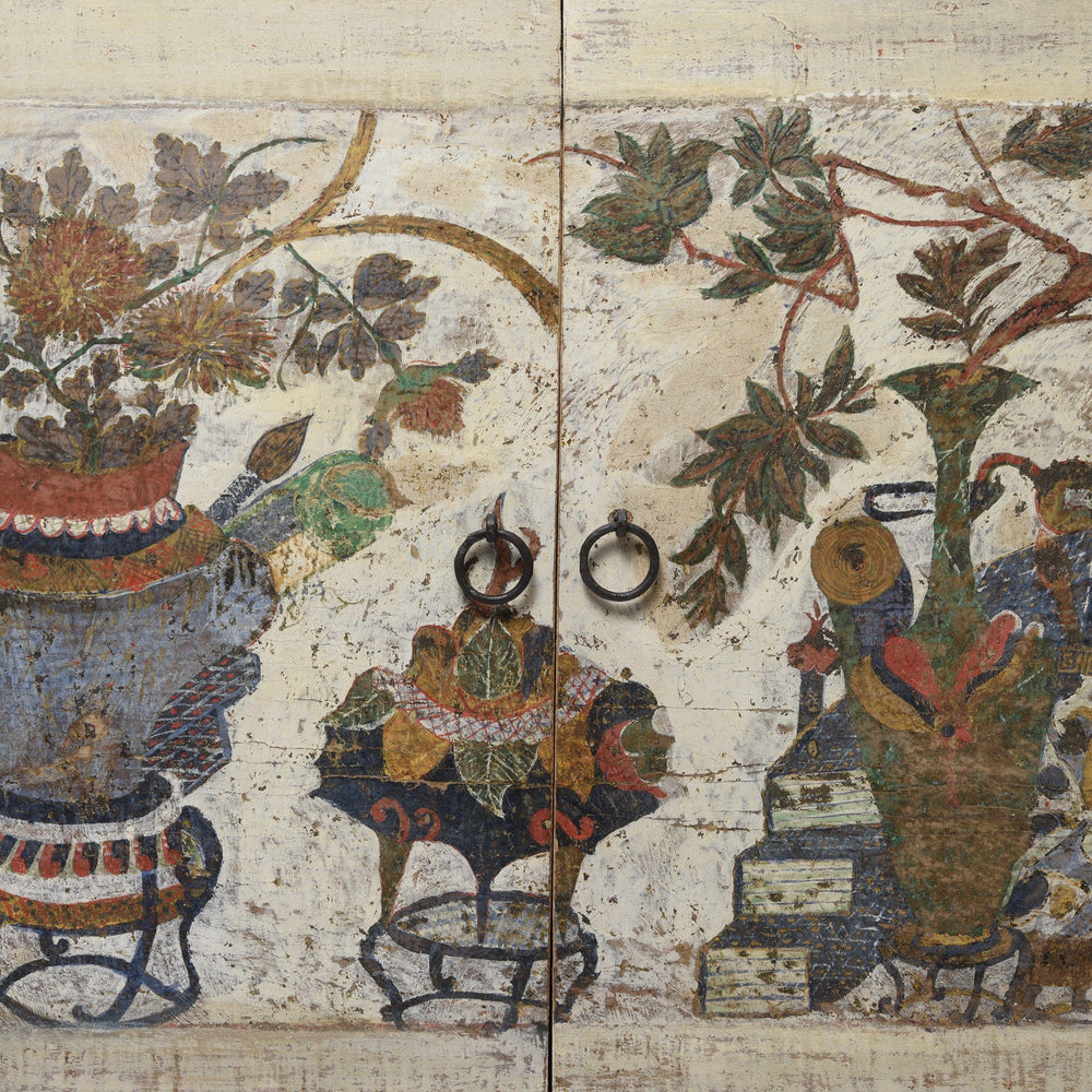 Detail painting from an Antique Pale Painted 4 Door Mongolian Sideboard - 19thC | Indigo Antiques