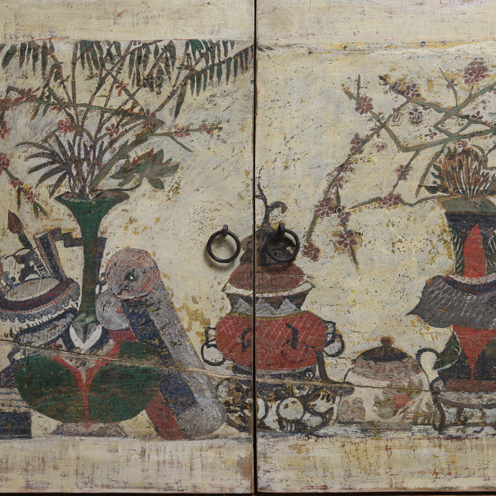 Painting detail from an Antique Pale Painted 4 Door Mongolian Sideboard - 19thC | Indigo Antiques