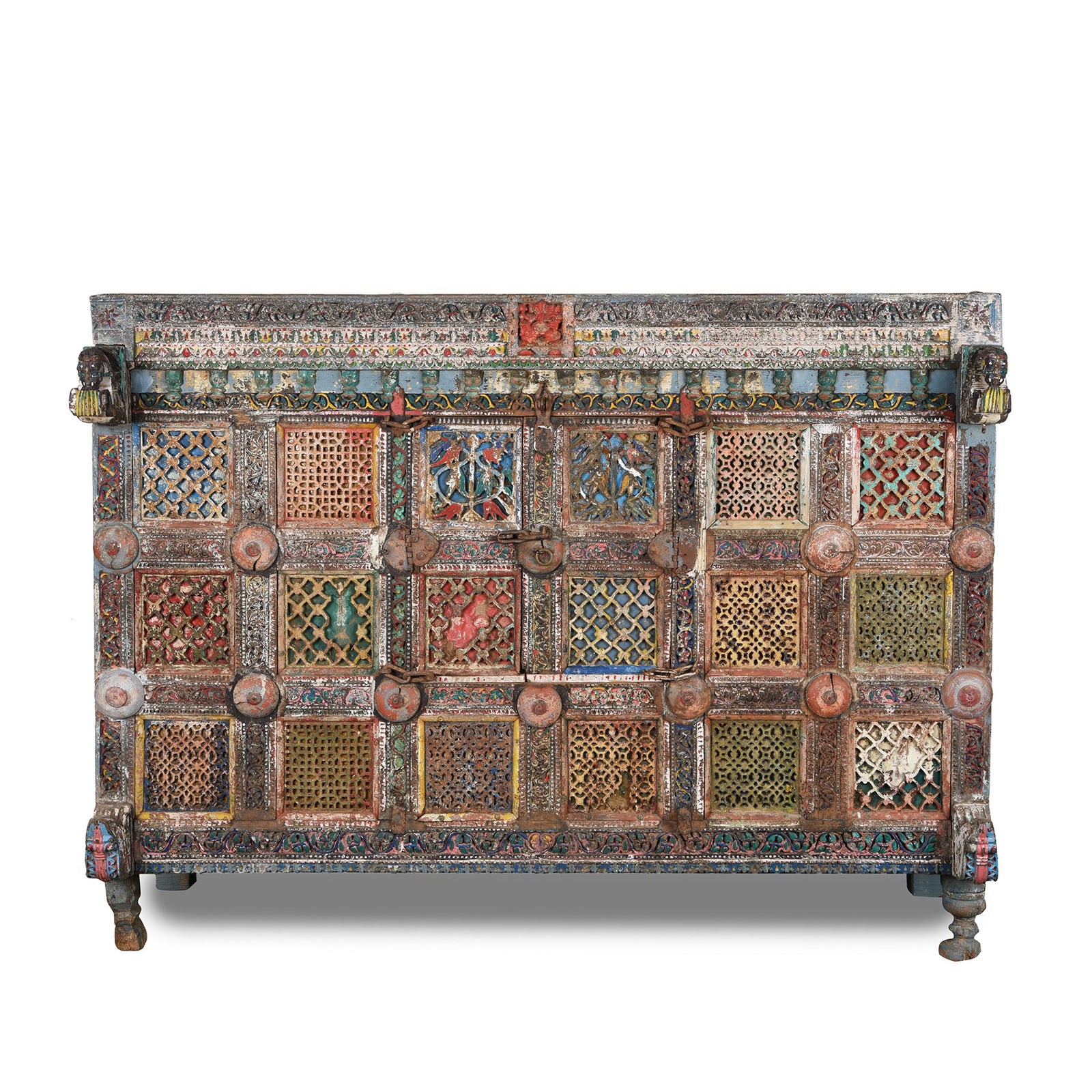 A dramatic painted Indian Damchiya dowry chest  with beautifully painted Indian mirrors and lota.
