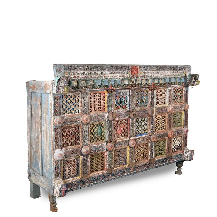 A dramatic painted Indian Damchiya dowry chest  with beautifully painted Indian mirrors and lota.