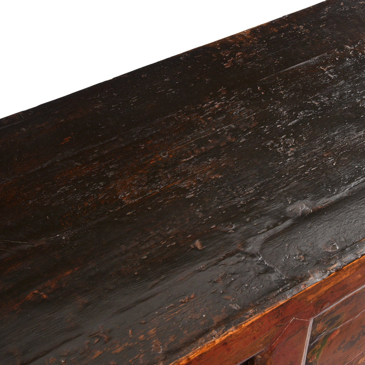Top Detail From An Antique Painted Sideboard From Mongolia With Snow Lions - 19thC | Indigo Antiques