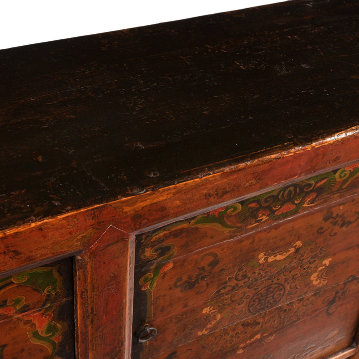 Top Detail From An Antique Painted Sideboard From Mongolia With Snow Lions - 19thC | Indigo Antiques