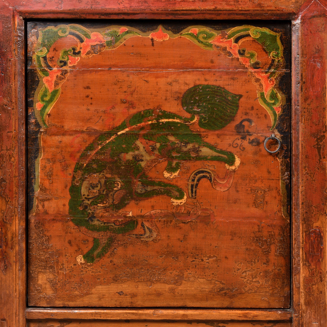 Snow Lion Detail From An Antique Painted Sideboard From Mongolia With Snow Lions - 19thC | Indigo Antiques