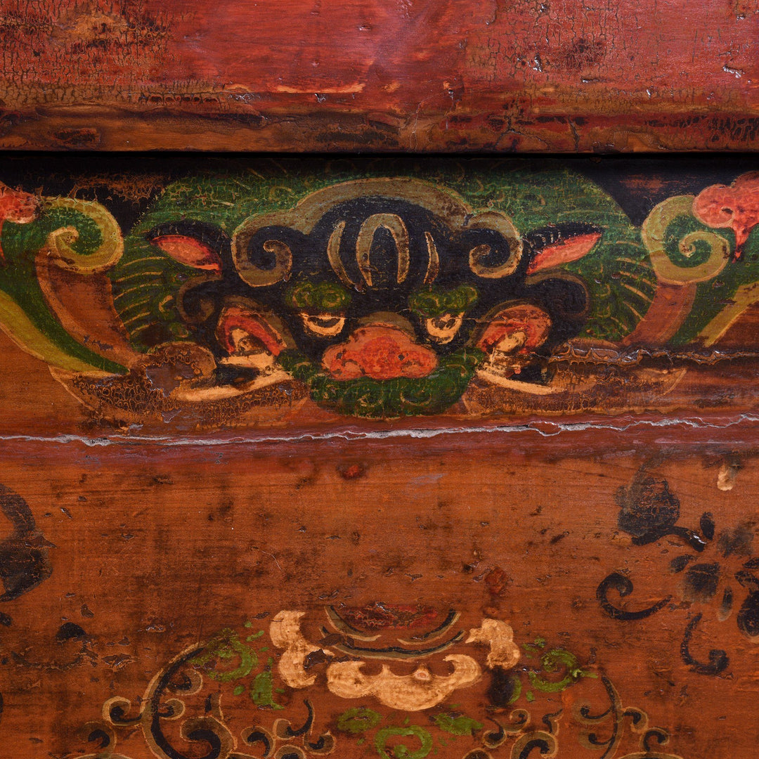 Painting Detail From An Antique Painted Sideboard From Mongolia With Snow Lions - 19thC | Indigo Antiques