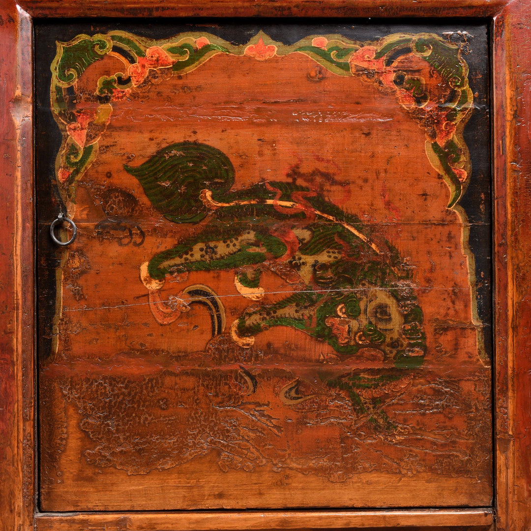 Snow Lion Detail From An Antique Painted Sideboard From Mongolia With Snow Lions - 19thC | Indigo Antiques