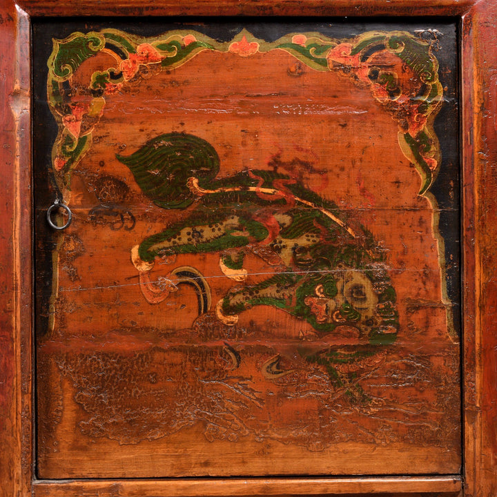Snow Lion Detail From An Antique Painted Sideboard From Mongolia With Snow Lions - 19thC | Indigo Antiques