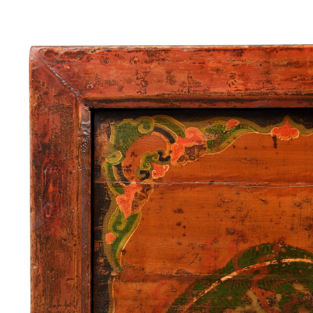 Corner Detail From An Antique Painted Sideboard From Mongolia With Snow Lions - 19thC | Indigo Antiques