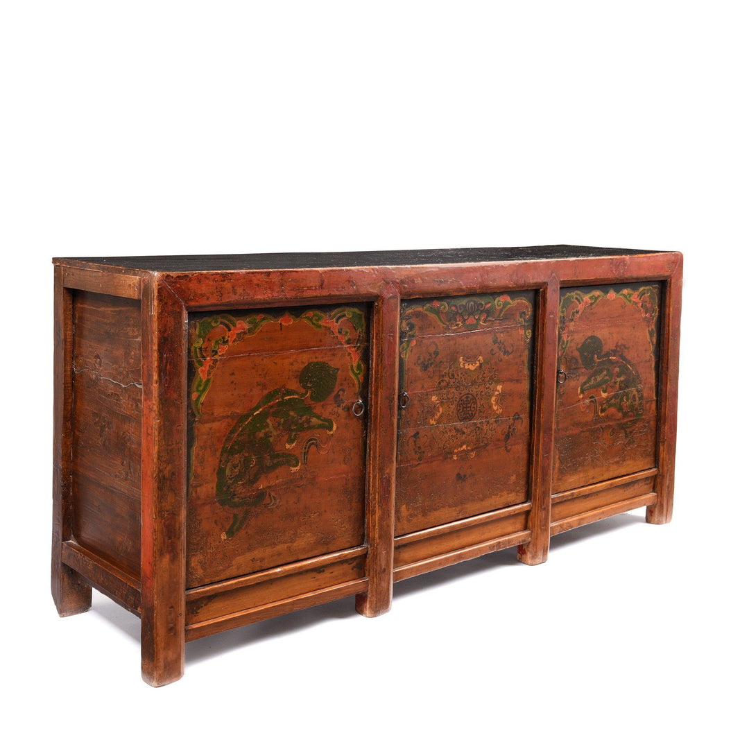 Side Detail From An Antique Painted Sideboard From Mongolia With Snow Lions - 19thC | Indigo Antiques