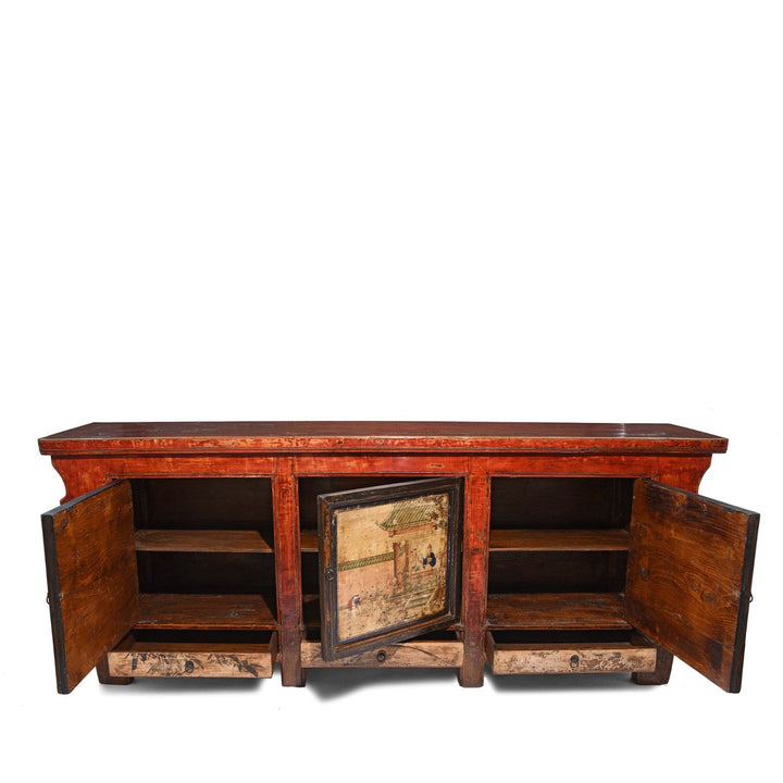 Antique Chinese Red Painted Sideboard From Qinghai Province - 19thC | Indigo Antiques