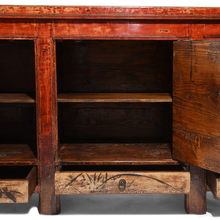 Antique Chinese Red Painted Sideboard From Qinghai Province - 19thC | Indigo Antiques