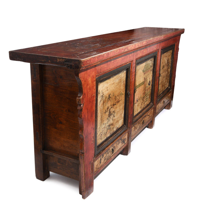 Side detail from an Antique Chinese Red Painted Sideboard From Qinghai Province - 19thC | Indigo Antiques