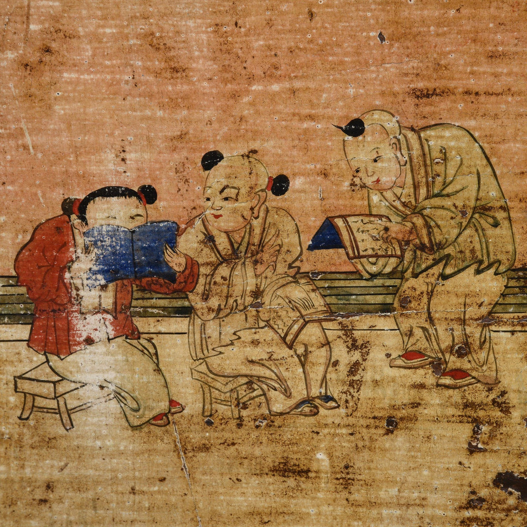 Painted Children Reading on an Antique Chinese Red Painted Sideboard From Qinghai Province - 19thC | Indigo Antiques