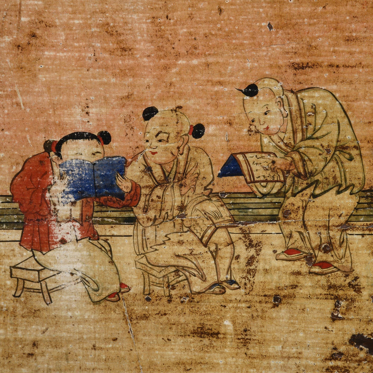 Painted Children Reading on an Antique Chinese Red Painted Sideboard From Qinghai Province - 19thC | Indigo Antiques