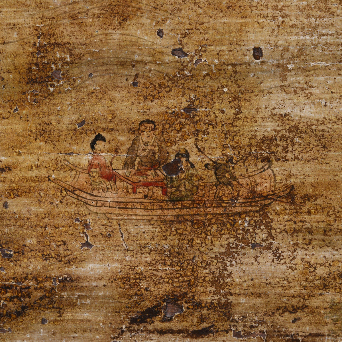 Boating detail from an Antique Chinese Red Painted Sideboard From Qinghai Province - 19thC | Indigo Antiques