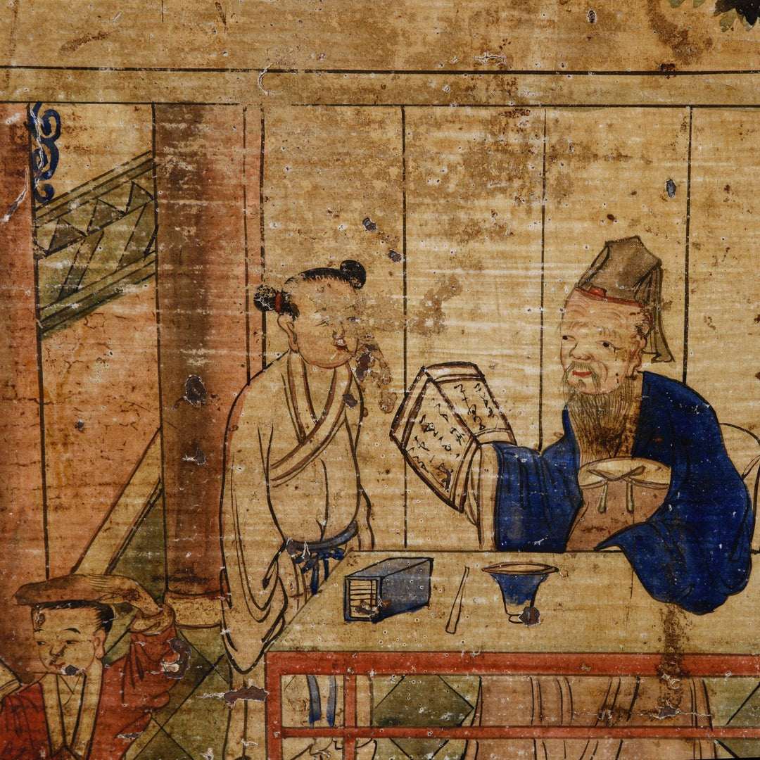 A store Merchant Scene from an Antique Chinese Red Painted Sideboard From Qinghai Province - 19thC | Indigo Antiques