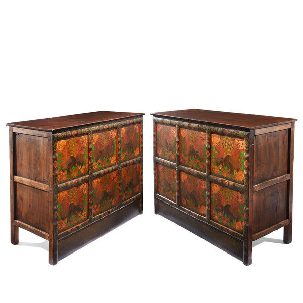 Pair of Painted Polychrome Tibetan Altar Cabinets - Late 19thC Pair of Painted Polychrome Tibetan Altar Cabinets - Late 19thC