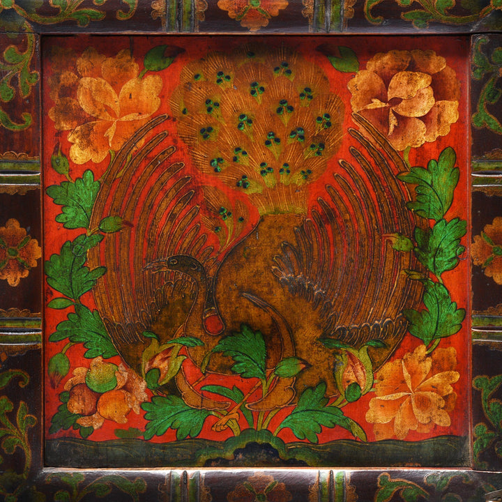 Textured Peacock Painted Detail from a Pair Of Painted Polychrome Tibetan Altar Cabinets - Late 19thC | Indigo Antiques