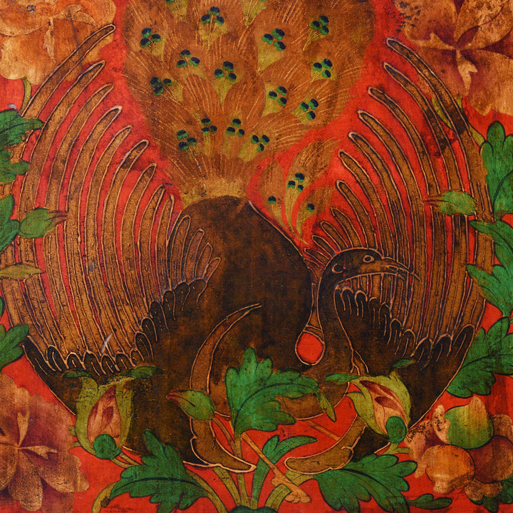 Textured Peacock Painted Detail from a Pair Of Painted Polychrome Tibetan Altar Cabinets - Late 19thC | Indigo Antiques