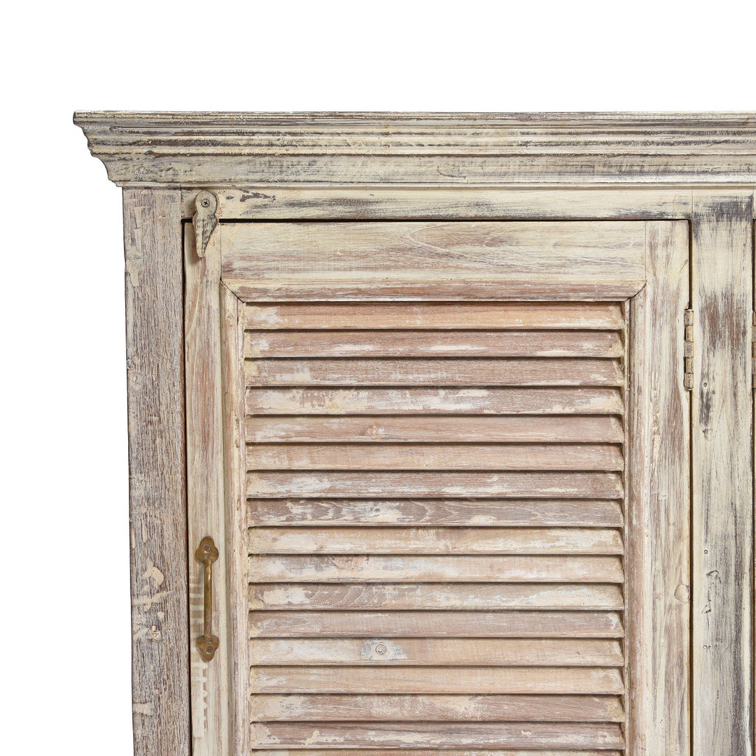 Corner Detail Of Reclaimed Teak 3 Door Louvre Cabinet With Paint Finish | Indigo Antiques