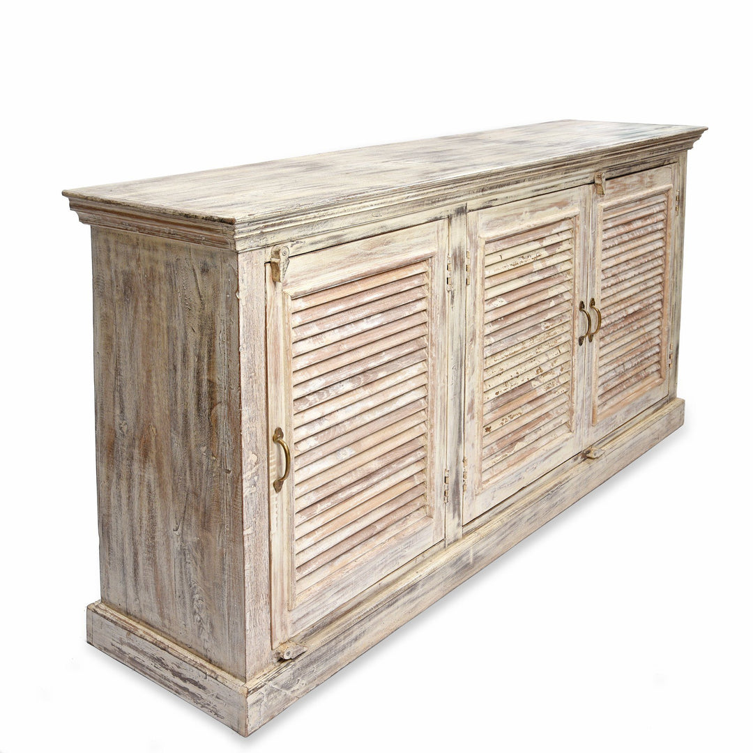Side Detail Of Reclaimed Teak 3 Door Louvre Cabinet With Paint Finish | Indigo Antiques