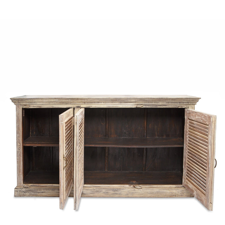 Reclaimed Teak 3 Door Louvre Cabinet With Paint Finish Open | Indigo Antiques