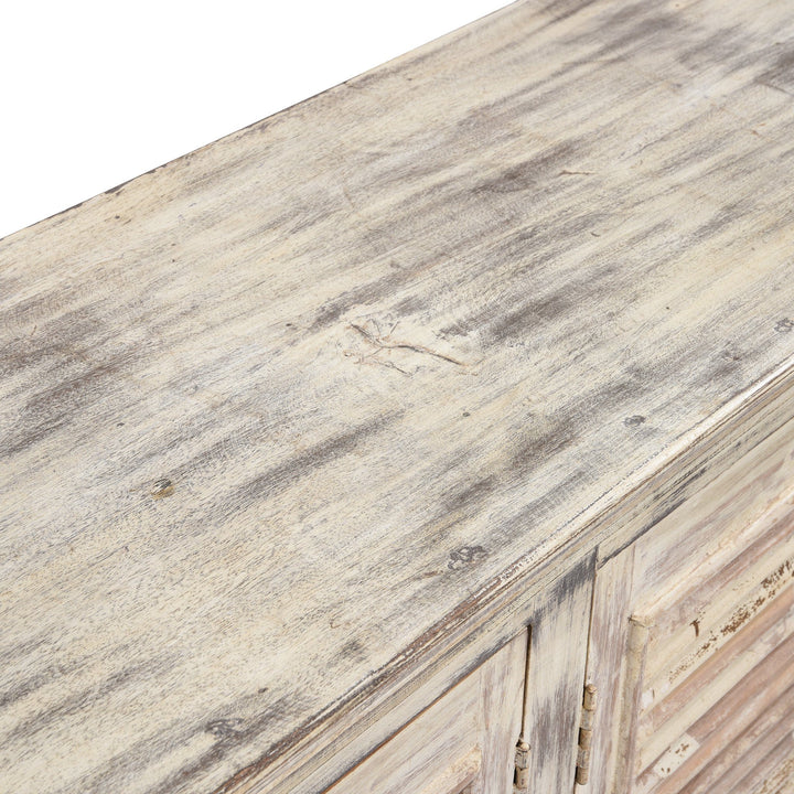 Top Surface Detail Of Reclaimed Teak 3 Door Louvre Cabinet With Paint Finish | Indigo Antiques
