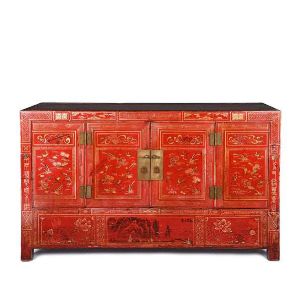 Red Lacquer Chinese Sideboard From Dongbei - Ca 1920