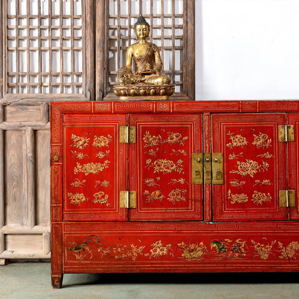 Red Lacquer Chinese Sideboard From Dongbei - Ca 1920