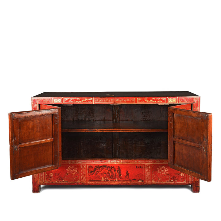 Red Lacquer Chinese Sideboard From Dongbei - Ca 1920 | Indigo Antiques