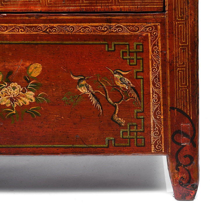 Kingfisher Images on a vintage Red Lacquer Chinese Sideboard From Dongbei - Ca 1920 | Indigo Antiques