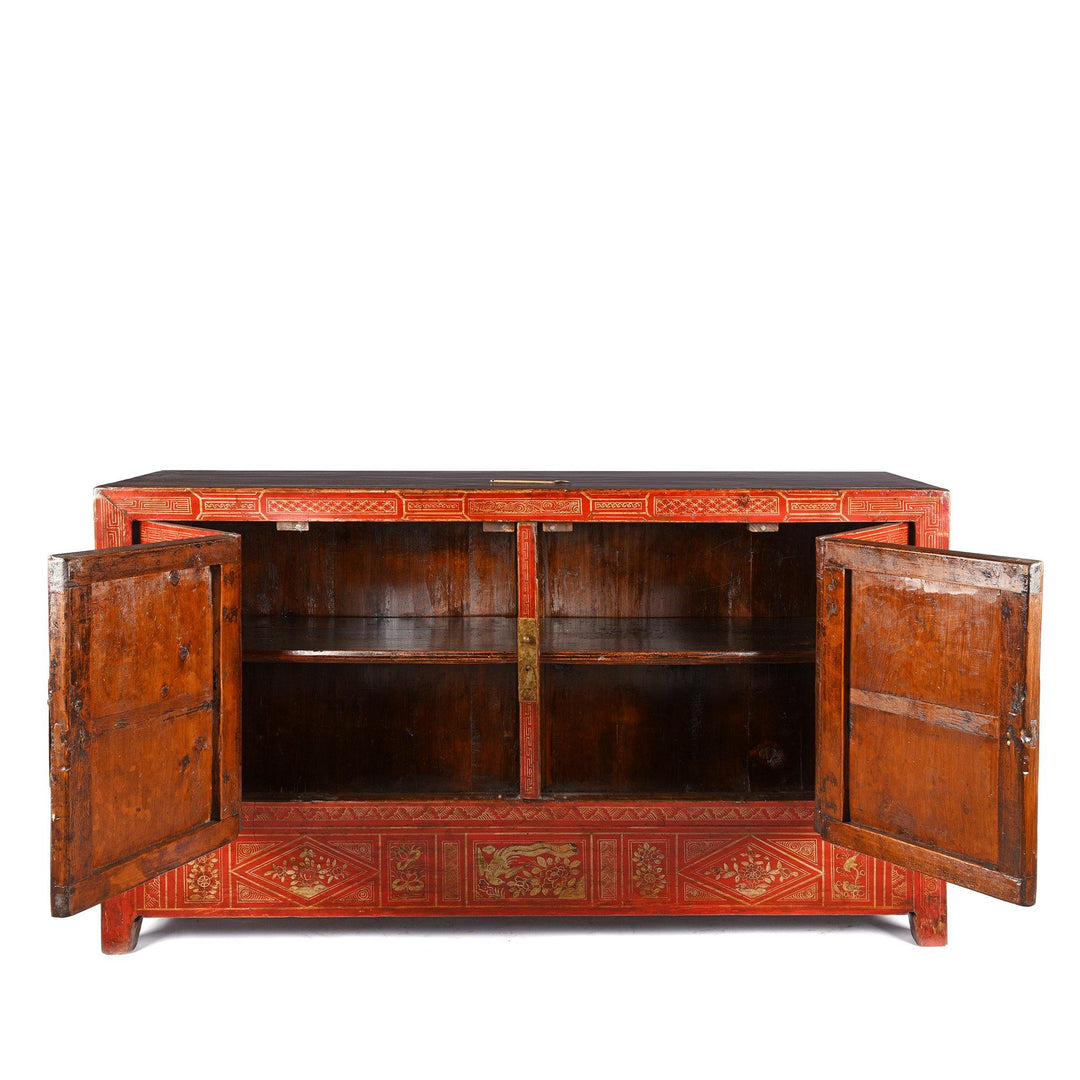 Open Detail of a Vintage Chinese Red Lacquer Dongbei Sideboard - Early 20thC | Indigo Oriental Antiques