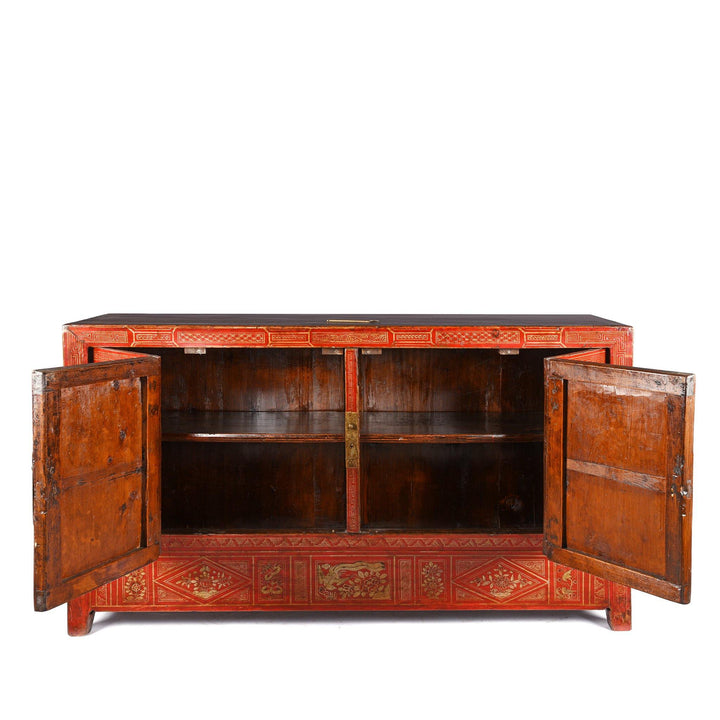 Open Detail of a Vintage Chinese Red Lacquer Dongbei Sideboard - Early 20thC | Indigo Oriental Antiques